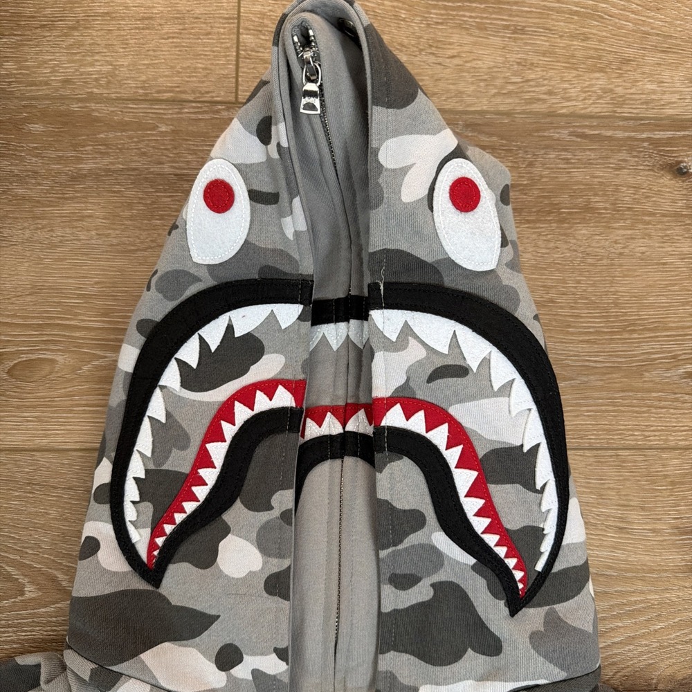 BAPE Crazy Face Tiger Shark Double Hood Full Zip Hoodie Mens XL Gray Camo